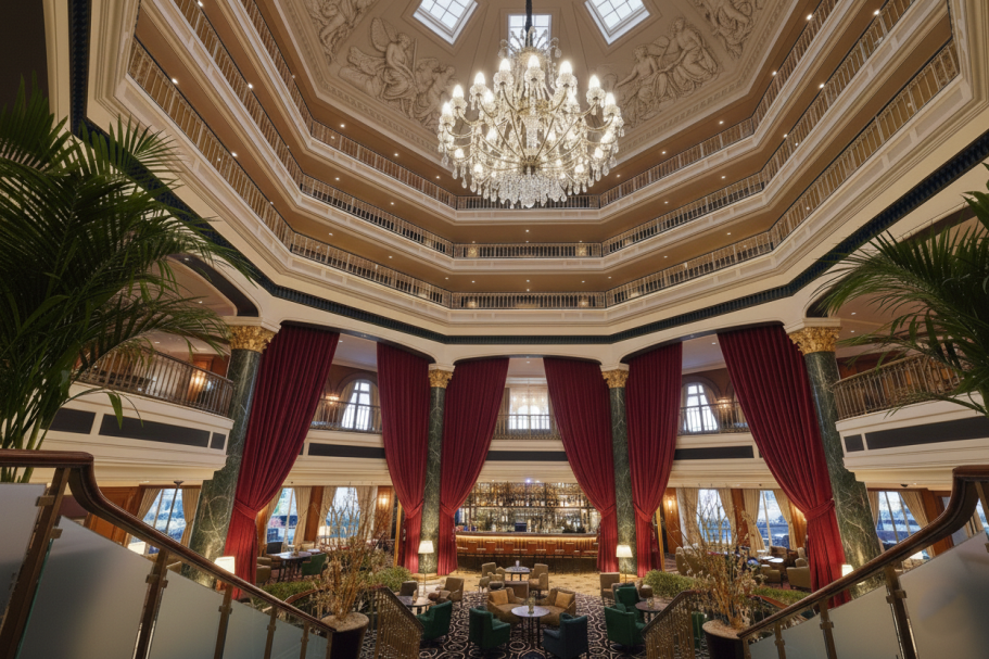 Elegante Lobby mit Kronleuchter, roten Vorhängen und Pflanzen in einem luxuriösen Ambiente.