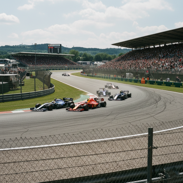 Rennwagen fahren in einer Kurve auf einer Rennstrecke vor jubelndem Publikum.