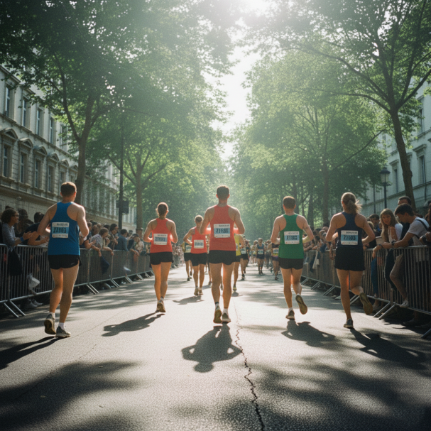 Läufer in sportlicher Kleidung joggen durch eine baumgesäumte Straße.
